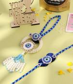 set of 2 blue evil eye artificial stones & pearls bhaiya bhabhi rakhi combo