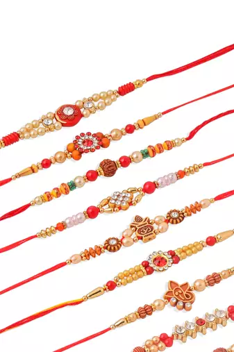 men set of 10 red artificial stones and beads rudraksh thread rakhi with roli chawal chandan & mishri