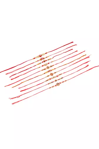 men set of 10 red artificial stones and beads rudraksh thread rakhi with roli chawal chandan & mishri