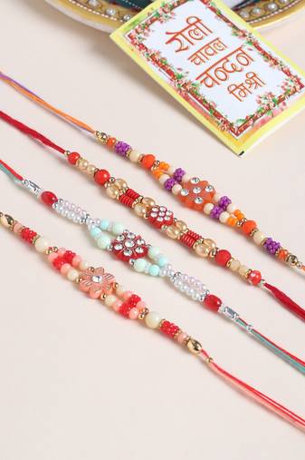 men set of 4 floral design multicolor artificial stones and beads thread rakhi with roli chawal chandan & mishri