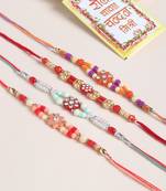 men set of 4 floral design multicolor artificial stones and beads thread rakhi with roli chawal chandan & mishri