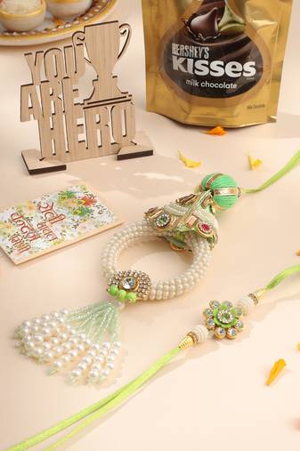 set of 2 handcrafted green artificial stones & pearls bhaiya bhabhi rakhi combo
