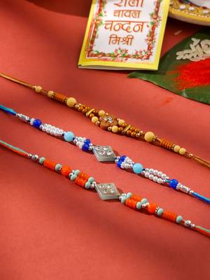 men set of 3 multicolor artificial stones and beads rakhi with roli chawal chandan & mishri 1