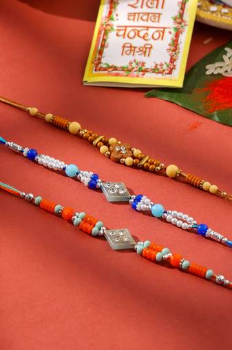men set of 3 multicolor artificial stones and beads rakhi with roli chawal chandan & mishri