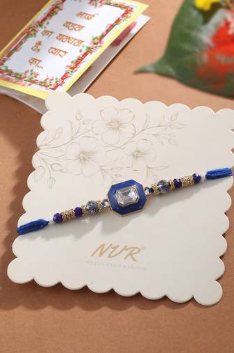 men blue artificial stones handmade thread rakhi with roli chawal chandan & mishri