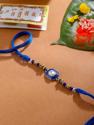 men blue artificial stones handmade thread rakhi with roli chawal chandan & mishri 2