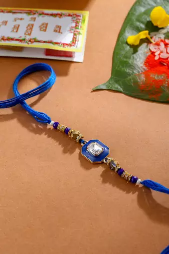 men blue artificial stones handmade thread rakhi with roli chawal chandan & mishri