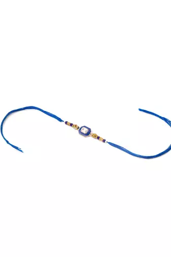 men blue artificial stones handmade thread rakhi with roli chawal chandan & mishri