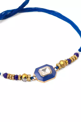 men blue artificial stones handmade thread rakhi with roli chawal chandan & mishri