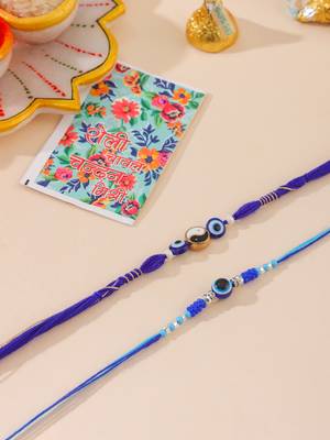 men set of 2 blue evil eye artificial beads thread rakhi with roli chawal chandan & mishri 1