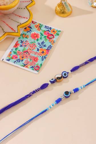 men set of 2 blue evil eye artificial beads thread rakhi with roli chawal chandan & mishri