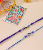 men set of 2 blue evil eye artificial beads thread rakhi with roli chawal chandan & mishri