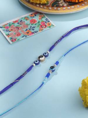 men set of 2 blue evil eye artificial beads thread rakhi with roli chawal chandan & mishri 2