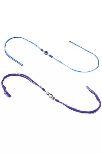 men set of 2 blue evil eye artificial beads thread rakhi with roli chawal chandan & mishri