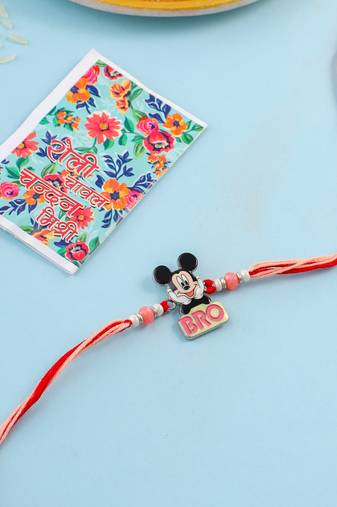 kids micky mouse character artificial beads thread rakhi with roli chawal chandan & mishri