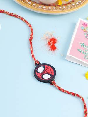 kids superhero red thread rakhi with roli chawal chandan & mishri 1