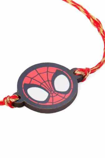 kids superhero red thread rakhi with roli chawal chandan & mishri