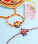 kids set of 2 cute cartoon superhero thread rakhi with roli chawal chandan & mishri