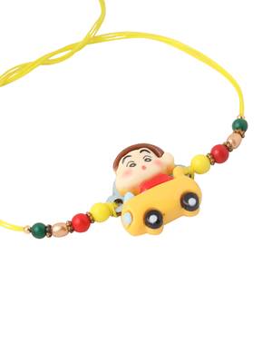 kids yellow cartoon artificial beads rakhi with roli chawal chandan & mishri 3