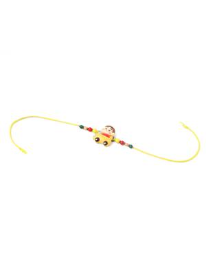 kids yellow cartoon artificial beads rakhi with roli chawal chandan & mishri 4