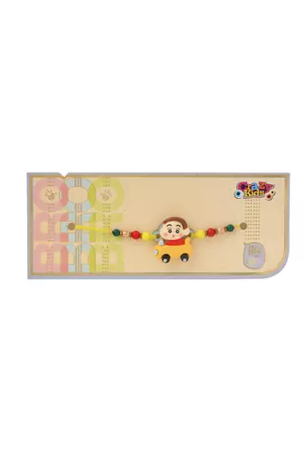 kids yellow cartoon artificial beads rakhi with roli chawal chandan & mishri