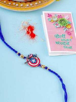 kids superhero blue artificial beads thread rakhi with roli chawal chandan & mishri 1