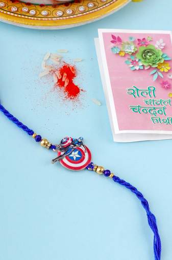 kids superhero blue artificial beads thread rakhi with roli chawal chandan & mishri