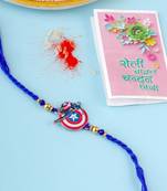 kids superhero blue artificial beads thread rakhi with roli chawal chandan & mishri