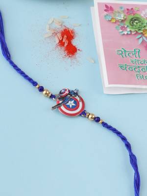 kids superhero blue artificial beads thread rakhi with roli chawal chandan & mishri 2