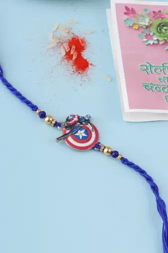 kids superhero blue artificial beads thread rakhi with roli chawal chandan & mishri
