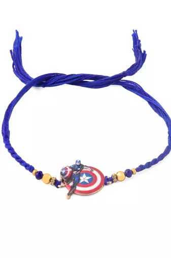 kids superhero blue artificial beads thread rakhi with roli chawal chandan & mishri