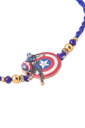 kids superhero blue artificial beads thread rakhi with roli chawal chandan & mishri