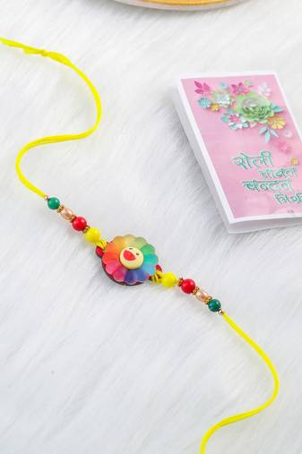 kids multicolor artificial beads rakhi with roli chawal chandan & mishri