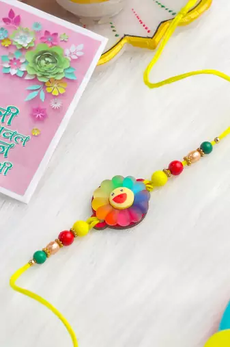 kids multicolor artificial beads rakhi with roli chawal chandan & mishri