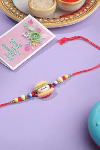 kids cartoon character multicolor artificial beads rakhi with roli chawal chandan & mishri