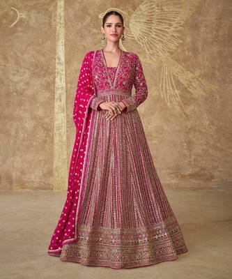 Pink georgette heavy embroidery sequins work gown set 1