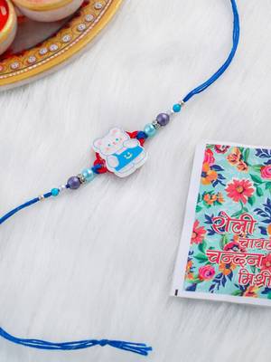 kids teddy blue artificial beads thread rakhi with roli chawal chandan & mishri 1