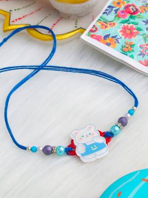 kids teddy blue artificial beads thread rakhi with roli chawal chandan & mishri 2