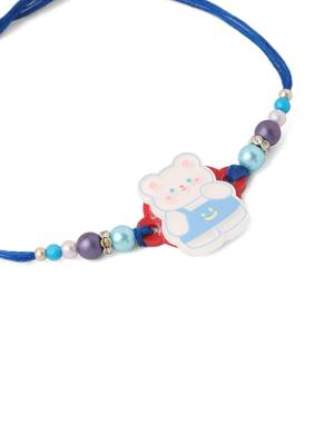 kids teddy blue artificial beads thread rakhi with roli chawal chandan & mishri 3