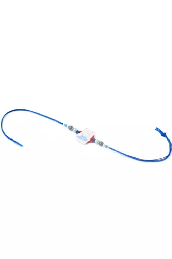 kids teddy blue artificial beads thread rakhi with roli chawal chandan & mishri