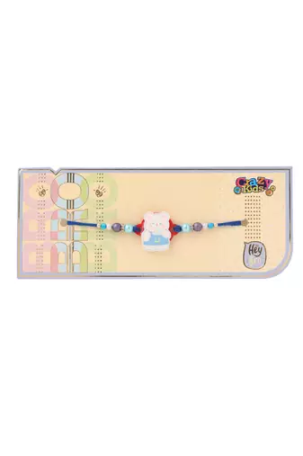 kids teddy blue artificial beads thread rakhi with roli chawal chandan & mishri