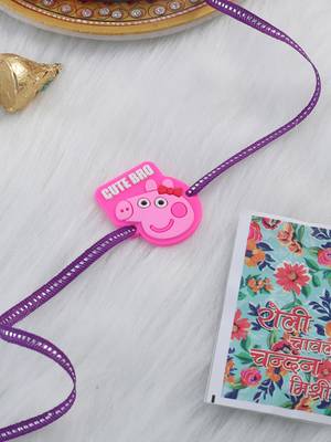stylish pink cartoon character kids rakhi with roli chawal chandan & mishri 1
