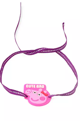 stylish pink cartoon character kids rakhi with roli chawal chandan & mishri