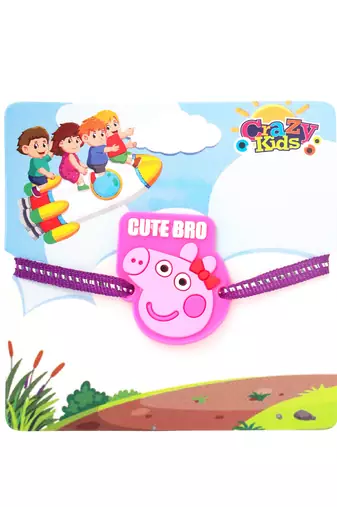 stylish pink cartoon character kids rakhi with roli chawal chandan & mishri