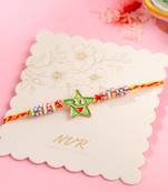 kids star shape multicolor thread rakhi with roli chawal chandan & mishri