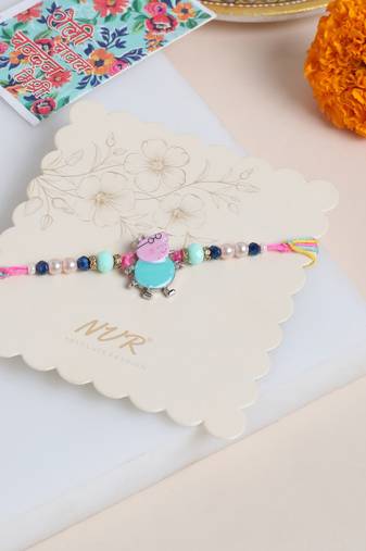 kids cartoon character artificial beads rakhi with roli chawal chandan & mishri