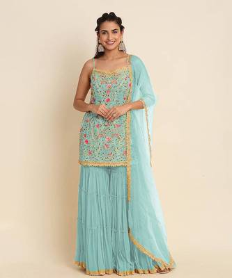 Aqua Blue Embroidered Georgette Punjabi Suit with Net Dupatta 1