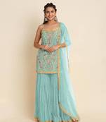 Aqua Blue Embroidered Georgette Punjabi Suit with Net Dupatta