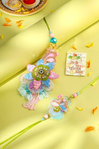 set of 2 handmade multicolor artificial stones & beads bhaiya bhabhi rakhi with roli chawal chandan & mishri