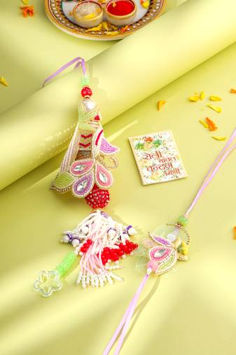 handcrafted set of 2 multicolor pearls bhaiya bhabhi rakhi with roli chawal chandan & mishri